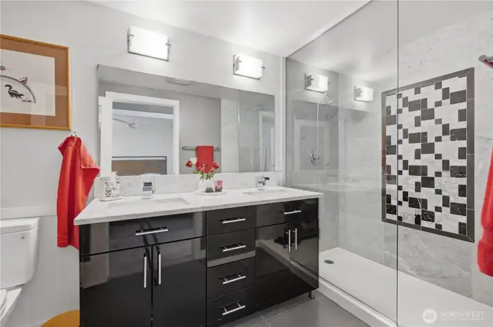 Beautiful double vanity bathroom with lovely walk-in shower. Beautiful double vanity bathroom with lovely walk-in shower.