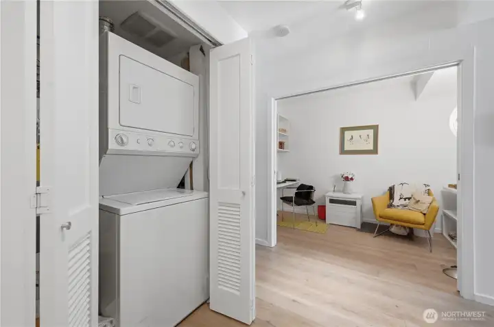 Your stack washer & dryer is one of the closets with built-in shelves for efficient storage. Your stack washer & dryer is one of the closets with built-in shelves for efficient storage.