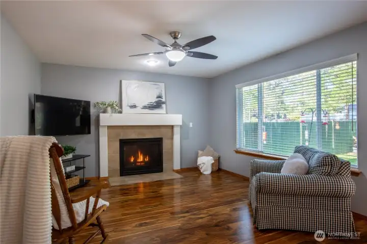 Gas fireplace and beautiful views of back yard