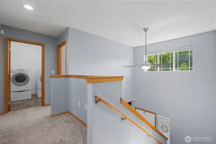 Standing at the top of the stairs, window does have electric blinds to keep out the sun if needed