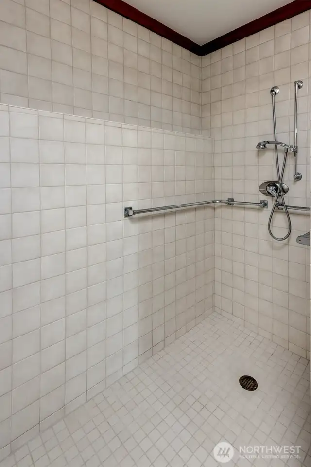 Walk in shower for the primary bathroom.