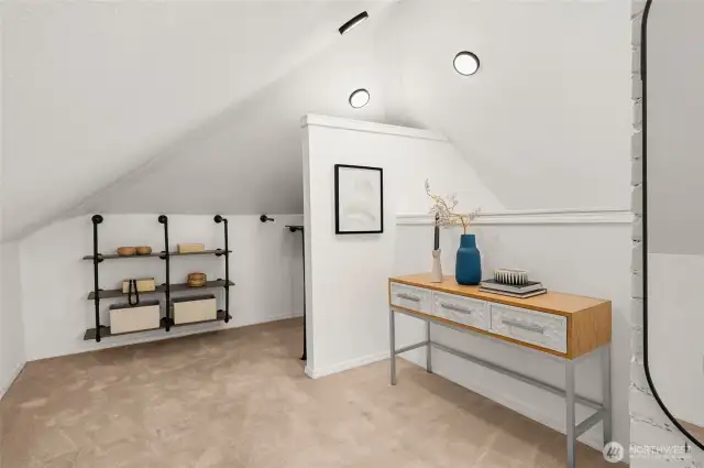 Tucked away nook provides flexibility for an office desk or vanity.