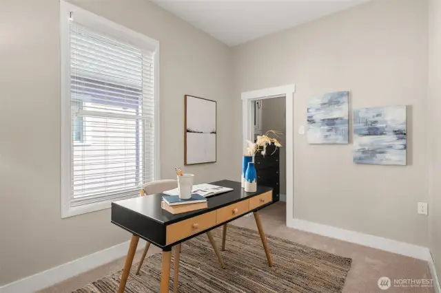 Secondary bedroom on the main floor features built-ins in the closet.