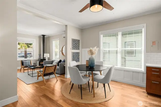 Great floor plan features engineered hardwood floors and new light fixtures.
