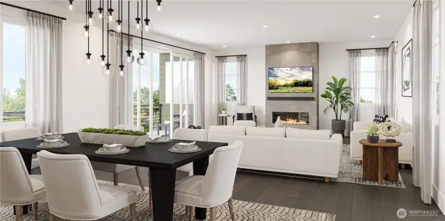 Rendering of the the bright and open great room features a 42" contemporary gas fireplace with tile surround and expansive stacking glass doors to the covered deck.