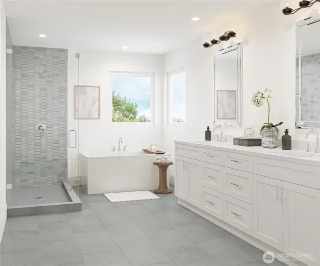 Rendering of the inviting primary spa-like bathroom with free-standing tub, designer tiled walk-in shower, and a dual-sink vanity with stylish quartz countertops.