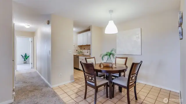 Spacious dining room just steps from the kitchen for easy serving.