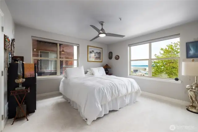The spacious primary bedroom has updated plush carpet and tons of natural light.