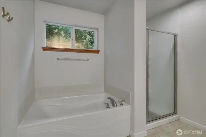 Large tub & walk-in shower in the Primary Bathroom.