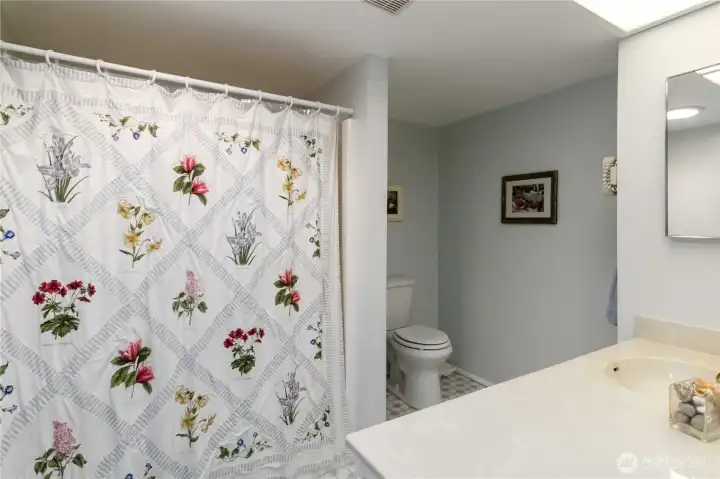 Spacious guest bathroom with full tub/shower and ample vanity space.