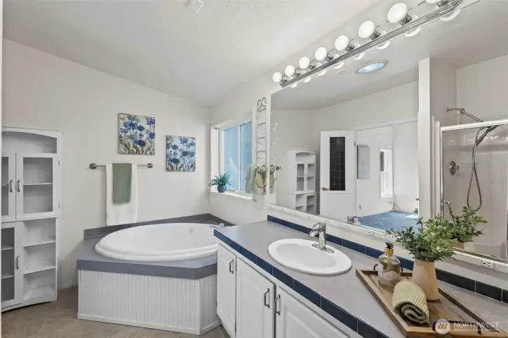 Primary ensuite with jetted tub and separate walk-in shower.