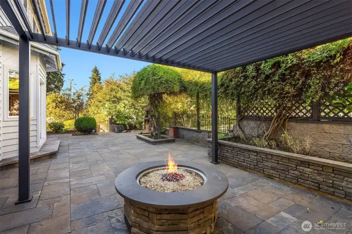 Plumbed gas fire pit and metal pergola (convey with home).