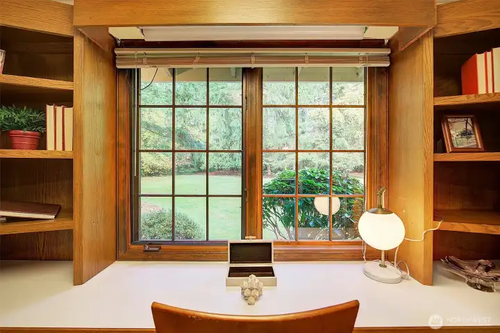 Bedroom #3 with office built-ins and gorgeous view of beautiful yard