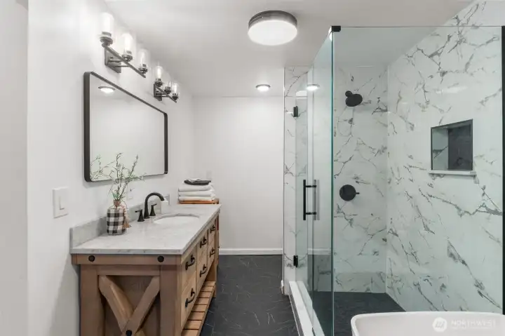 Custom vanity w/ oversized shower