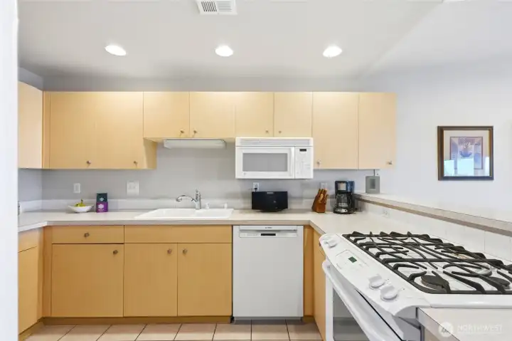 Large kitchen with plenty of cabinet and countertop space.