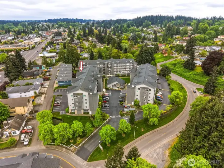 Aerial photo of The Grand condos...located close to several amenities...walking distance!