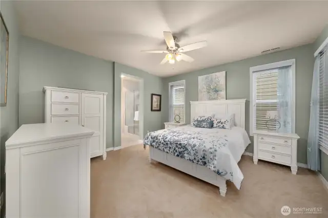 Spacious primary bedroom with soothing new paint, custom blinds with blackout shades and a ceiling fan.