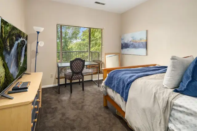 Big bedroom with tall ceilings in the lower level unit