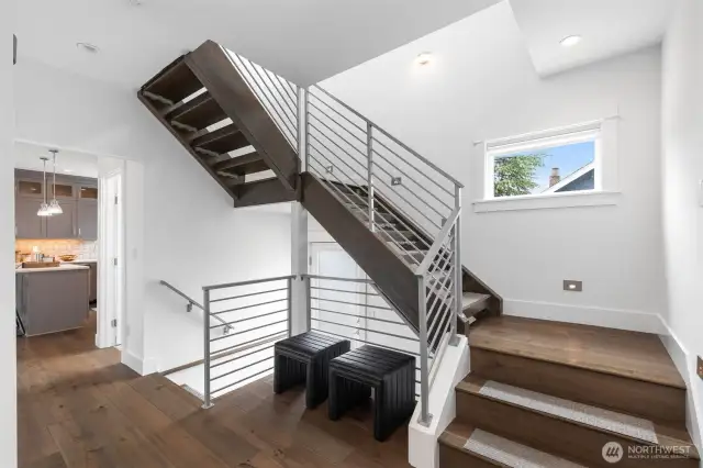 Wood and steel staircase.