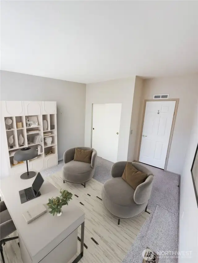 Virtually staged bedroom, as an office.
