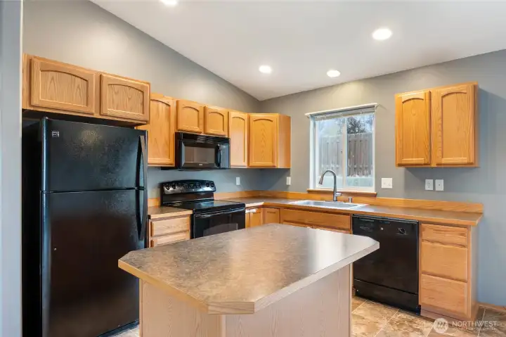 Bright kitchen with backyard view, generous cabinet space, and stylish black appliances included.