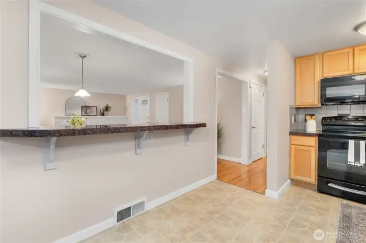 Breakfast bar overlooking the main living space.