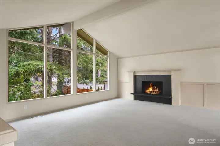 Vaulted ceilings, oversized windows, new carpet, wood burning fireplace