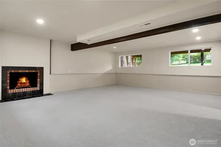 Downstairs rec room wit wood burning fireplace