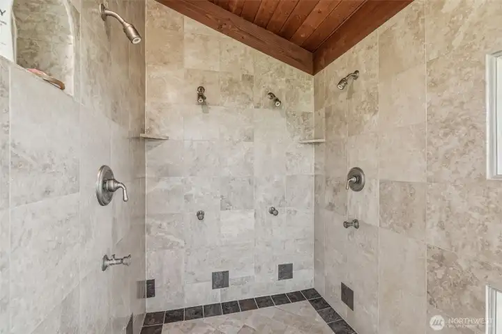 Primary Walk-In Tile Shower w/ 8 Shower Heads Primary Walk-In Tile Shower w/ 8 Shower Heads