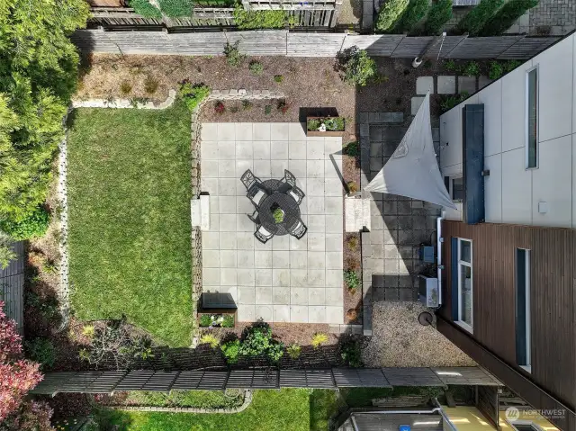 Ariel view of the large back yard and patio. Perfect size for a variety of activities.