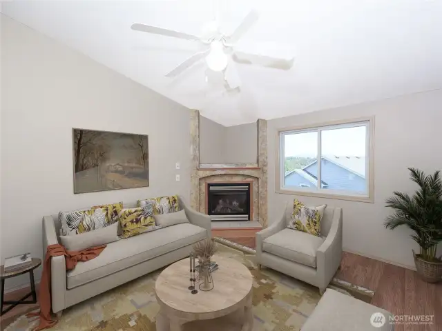 Gas fireplace in Living room. virtually staged