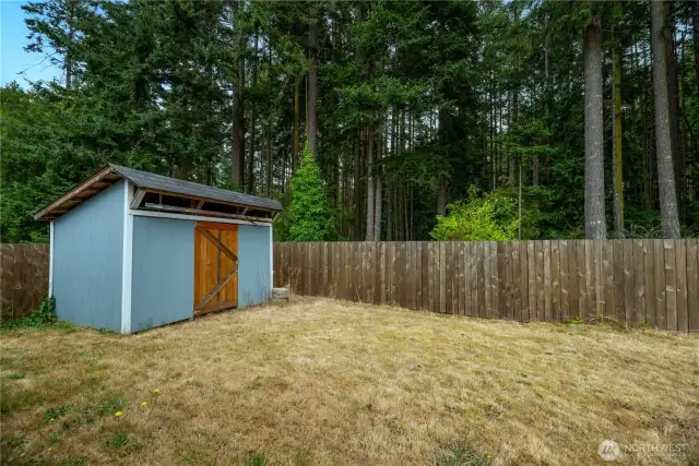 Large fenced  backyard with a shed.