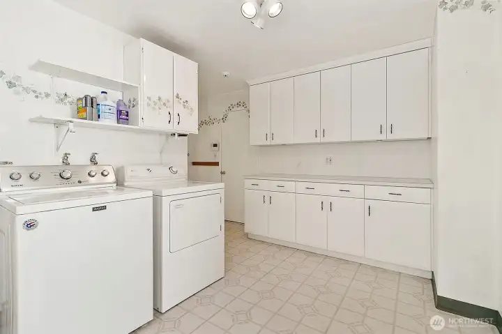 Great cabinets for storage, door to the back patio