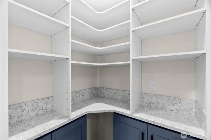 The spacious pantry has plenty of storage space plus room to prep food and/or use of your small appliances.