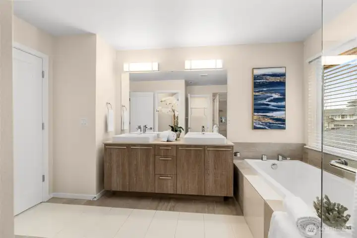 Dual vanity for a seamless morning or nighttime routine.