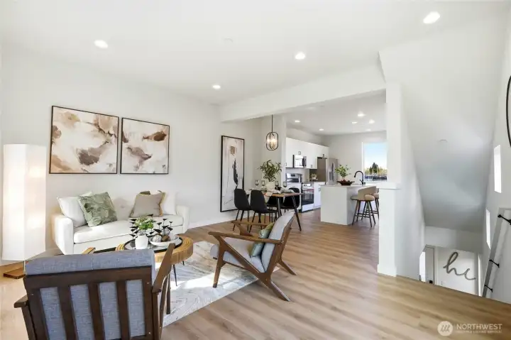 Living, dining and kitchen all in one wide open space.