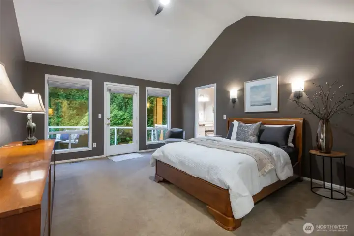 Spacious primary suite with walls of windows leading to the rear back deck.