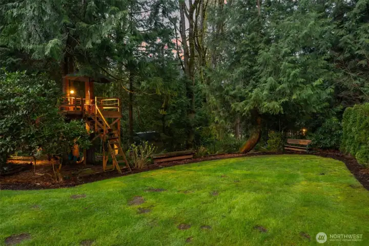 Custom tree house with swing set and exterior lighting.