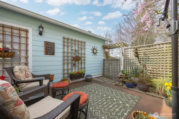 Looking toward Applewood Drive from the patio and the peaceful Zen garden.