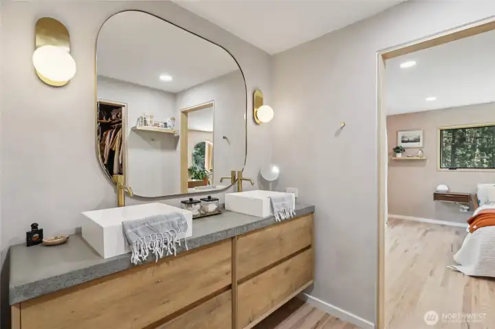 Fully updated primary bath with custom vanity
