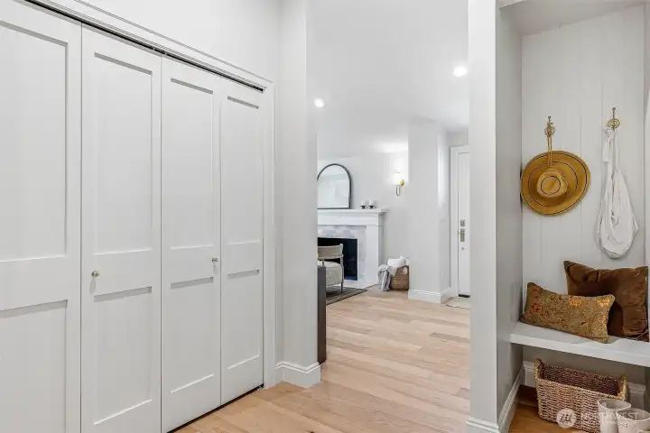 The garage is accessed from the main level through this handy mudroom area - perfect for storing wet rain jackets and muddy boots during the winters.