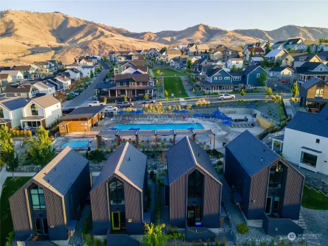 Aerial view of home looking North over the Vineyard District Pool.