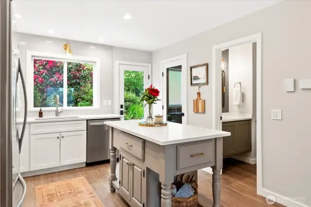 Kitchen with view out to back deck