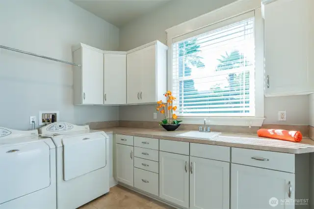 Expansive laundry room with abundant cabinetry, ample counter space for folding, utility sink, and convenient access to the backyard—blending storage and function.