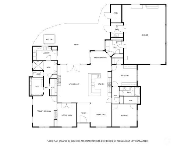 Thoughtfully designed single-level floor plan featuring a split-bedroom layout, expansive primary suite with sitting room, open-concept kitchen and great room, and seamless flow to the backyard patio, hot tub, and water feature.
