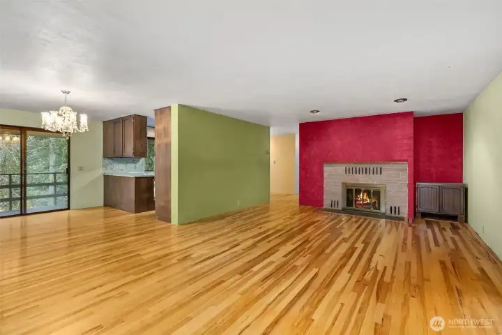 Living room looking into Dining are, kitchen and Hallway.