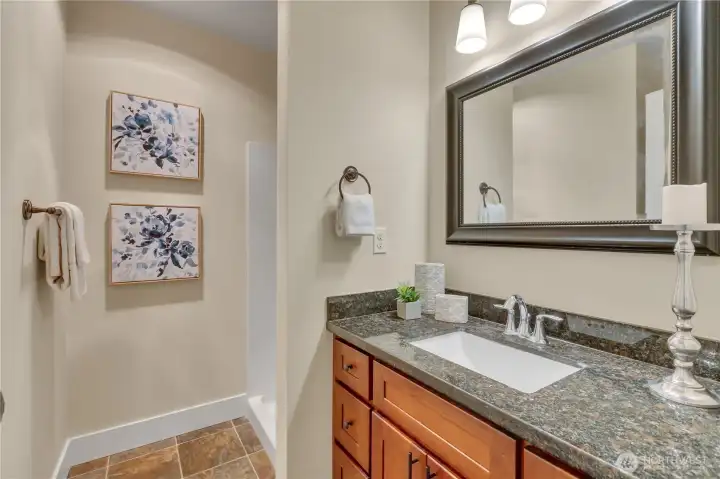 Main level 3/4 bath.  Generous shower stall to back, beautiful vanity with oversized picture-like mirror.