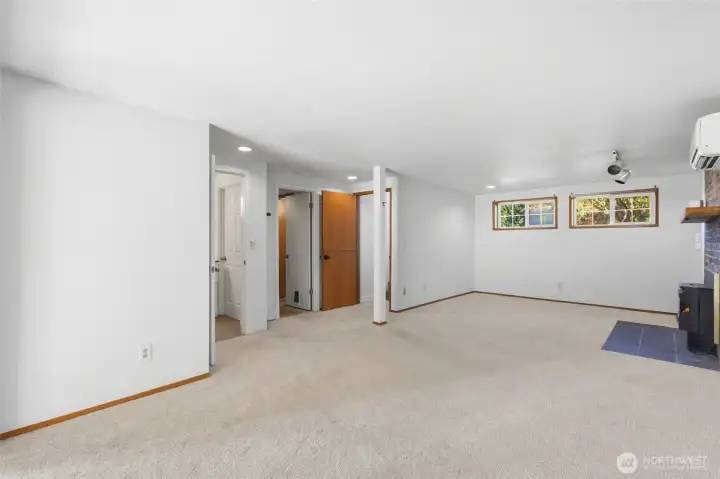 The split-level layout offers a practical flow, separating living spaces while still feeling connected.