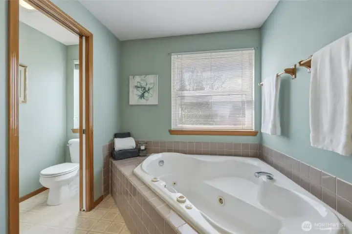 Jetted tub with tile surround beneath window makes for lovely relaxation option; separate commode/shower room with pocket door.