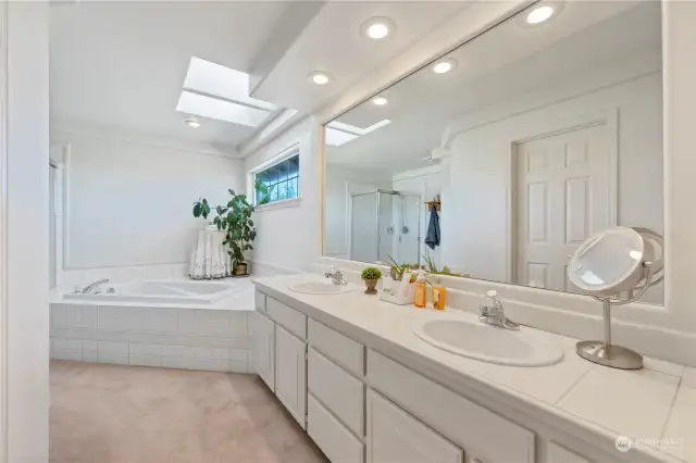 Primary Bathroom complete with soaking tub and skylights